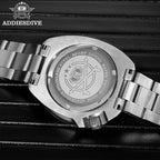 ADDIESDIVE AD2511 turtle-style diver quartz caseback showing engraved ADDIESDIVE diver emblem and 200M waterproof marking
