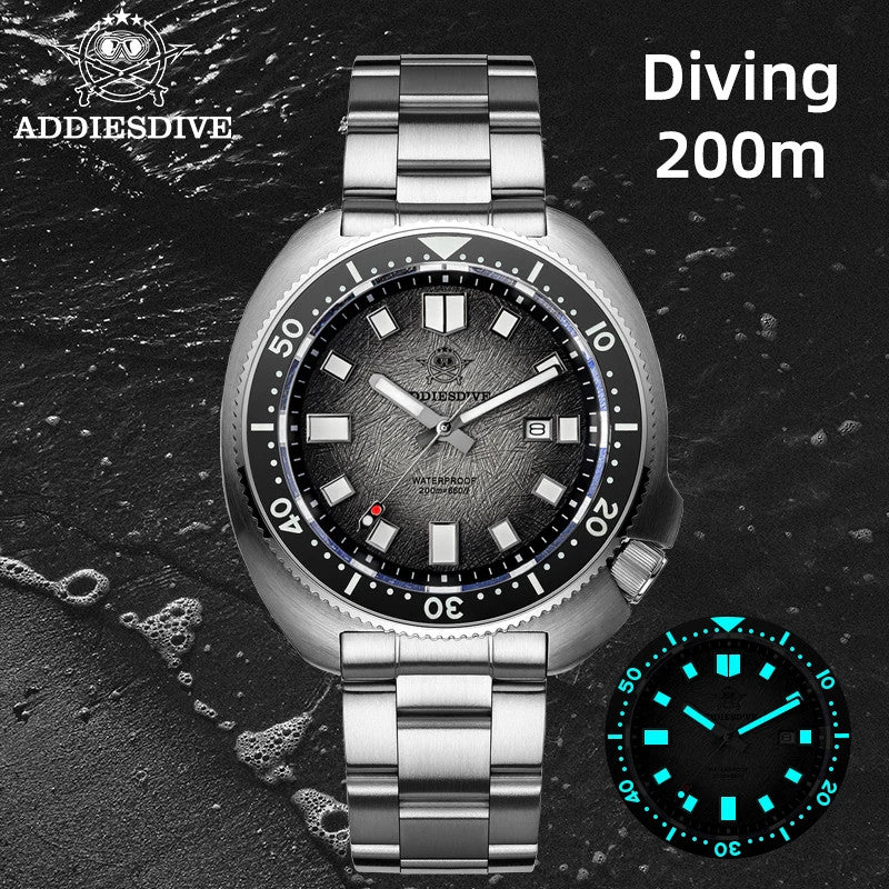 ADDIESDIVE AD2511 turtle-style diver quartz 200m diving feature shot with grey dial and lume inset, underwater background
