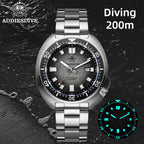 ADDIESDIVE AD2511 turtle-style diver quartz 200m diving feature shot with grey dial and lume inset, underwater background