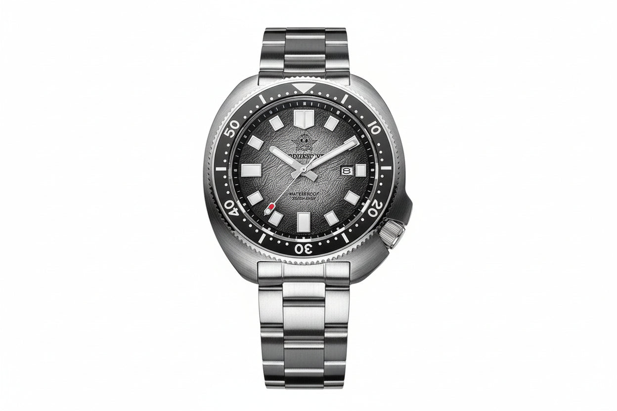 ADDIESDIVE AD2511 turtle-style diver quartz with grey fluted dial, black bezel and steel oyster bracelet, front view