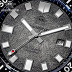 ADDIESDIVE AD2511 turtle-style diver quartz macro close-up of meteorite-textured dial showing indices and hands