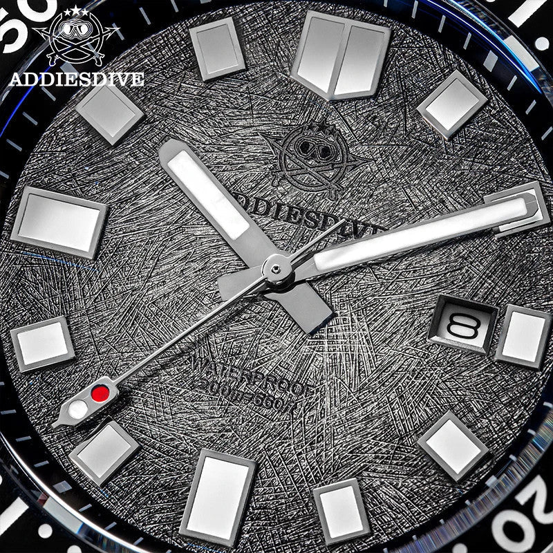 ADDIESDIVE AD2511 turtle-style diver quartz macro close-up of meteorite-textured dial showing indices and hands