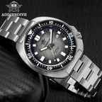 ADDIESDIVE AD2511 turtle-style diver quartz with meteorite-textured dial, black bezel and steel oyster bracelet, front view