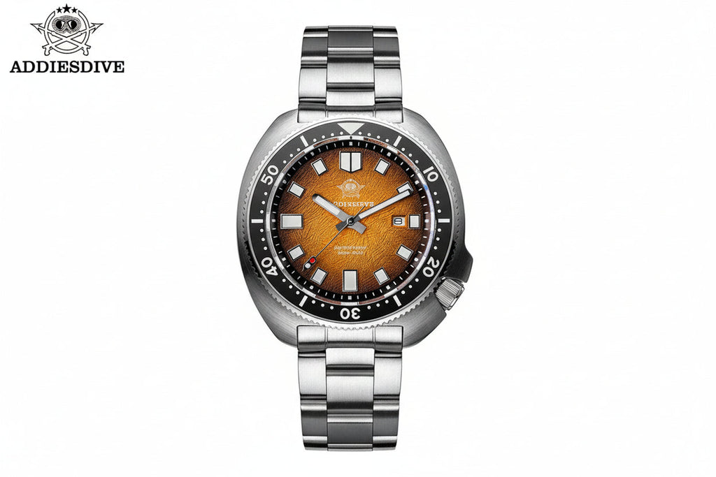 ADDIESDIVE AD2511 turtle-style diver quartz with orange fluted dial, black bezel and steel oyster bracelet, front view