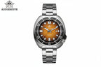ADDIESDIVE AD2511 turtle-style diver quartz with orange fluted dial, black bezel and steel oyster bracelet, front view