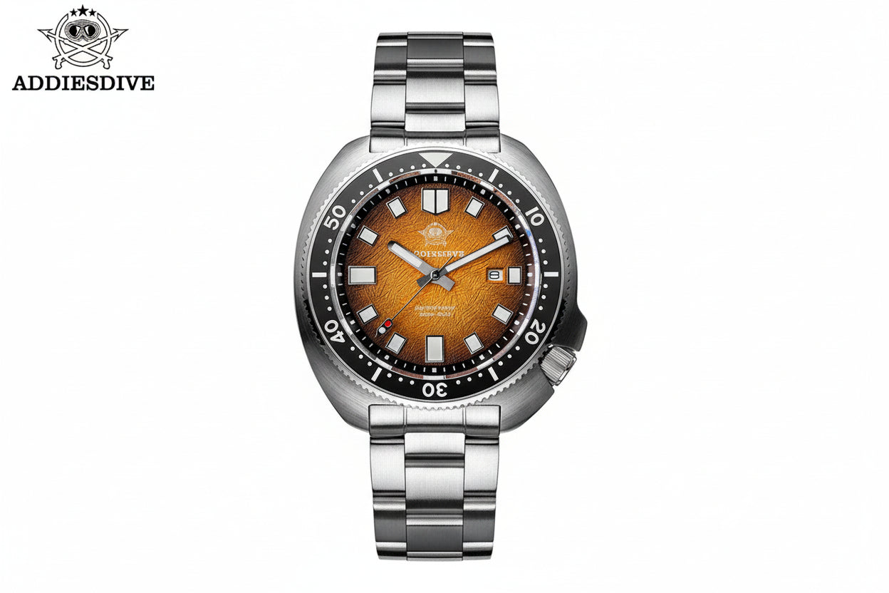 ADDIESDIVE AD2511 turtle-style diver quartz with orange fluted dial, black bezel and steel oyster bracelet, front view