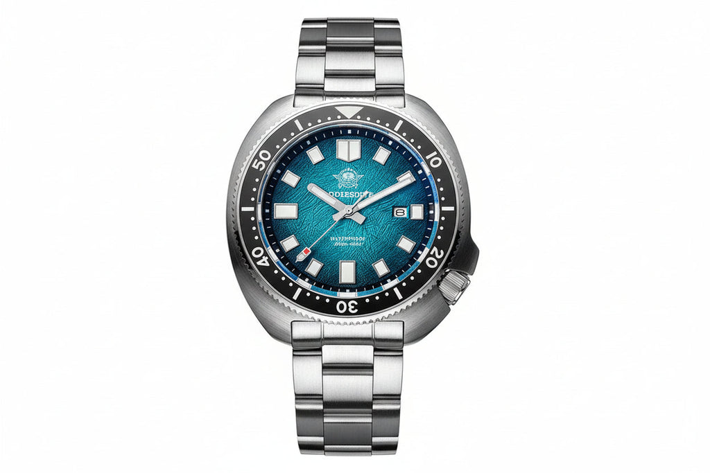 ADDIESDIVE AD2511 turtle-style diver quartz with teal fluted dial, black bezel and steel oyster bracelet, front view