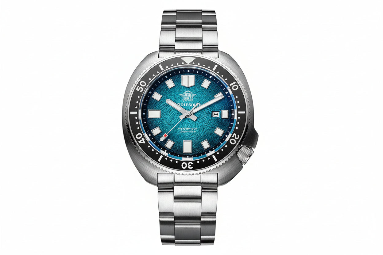 ADDIESDIVE AD2511 turtle-style diver quartz with teal fluted dial, black bezel and steel oyster bracelet, front view
