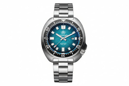 ADDIESDIVE AD2511 turtle-style diver quartz with teal fluted dial, black bezel and steel oyster bracelet, front view