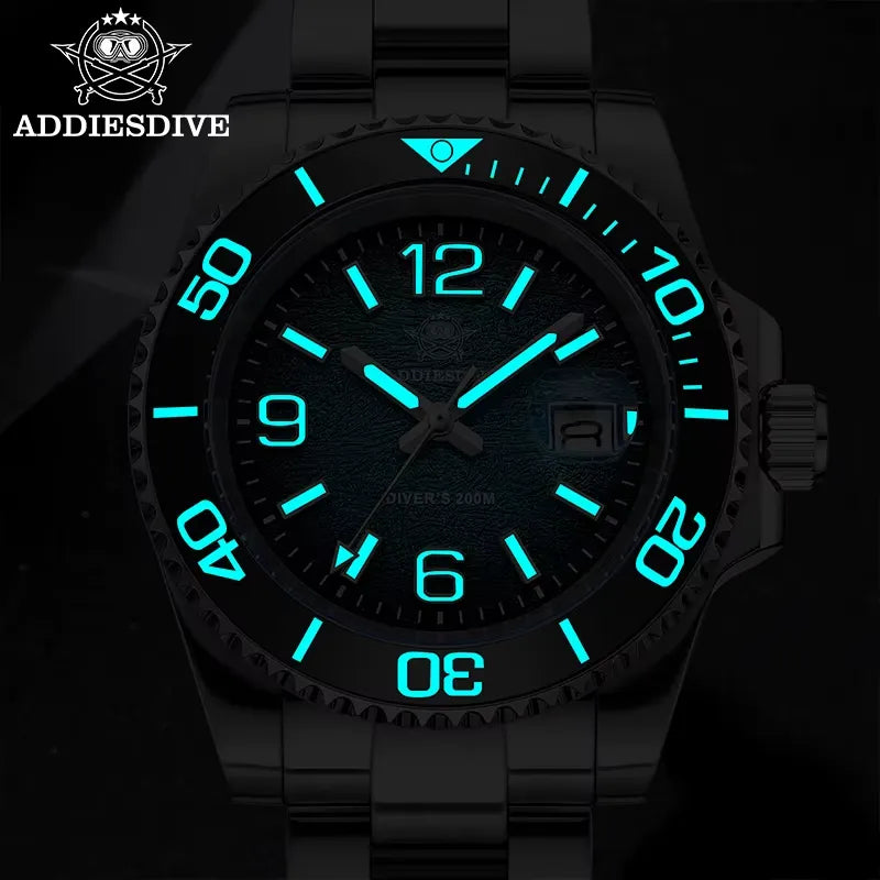 ADDIESDIVE AD2513 Diver's 200M quartz showing bright cyan luminous hands, Arabic numerals and bezel in dark