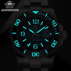 ADDIESDIVE AD2513 Diver's 200M quartz showing bright cyan luminous hands, Arabic numerals and bezel in dark