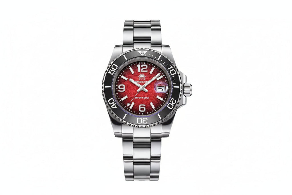 ADDIESDIVE AD2513 Diver's 200M quartz with red dial, Arabic numerals, black bezel and steel oyster bracelet, front view