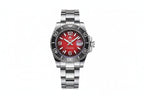 ADDIESDIVE AD2513 Diver's 200M quartz with red dial, Arabic numerals, black bezel and steel oyster bracelet, front view