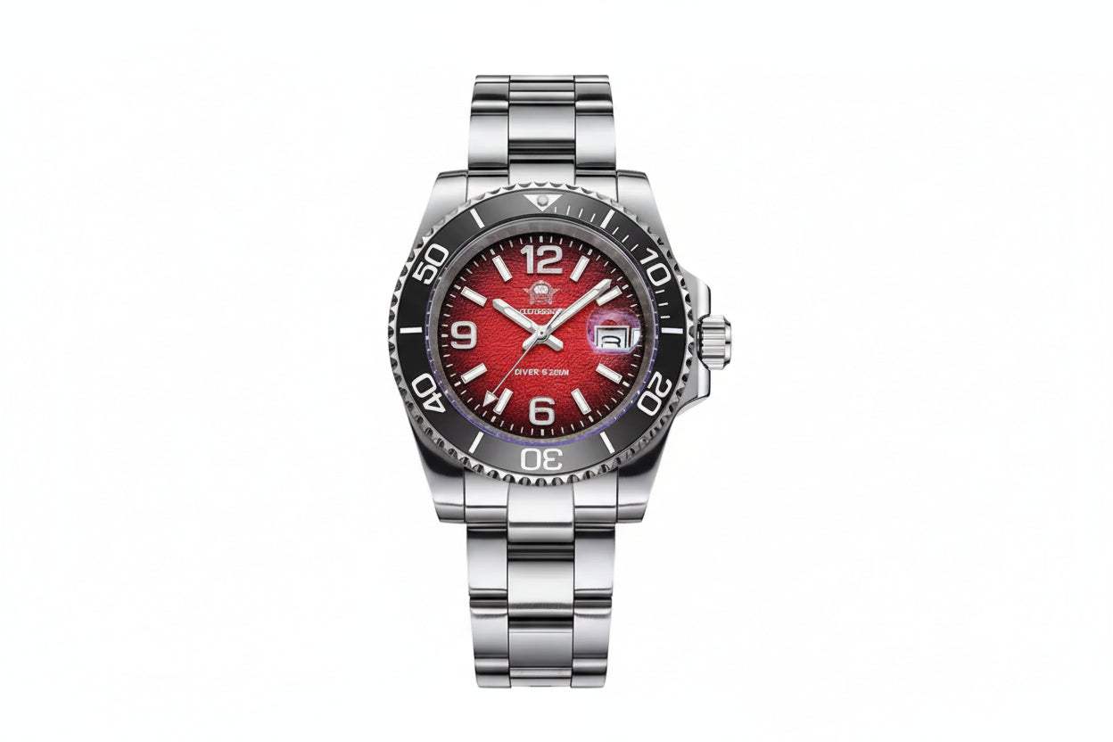 ADDIESDIVE AD2513 Diver's 200M quartz with red dial, Arabic numerals, black bezel and steel oyster bracelet, front view