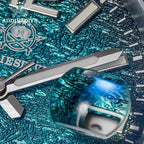 ADDIESDIVE AD2513 Diver's 200M quartz macro close-up of teal hammered dial and ADDIESDIVE logo