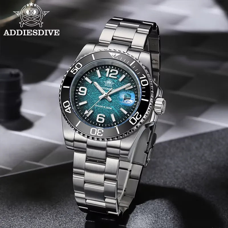 ADDIESDIVE AD2513 Diver's 200M quartz with teal dial and steel bracelet, angled close-up on grey background