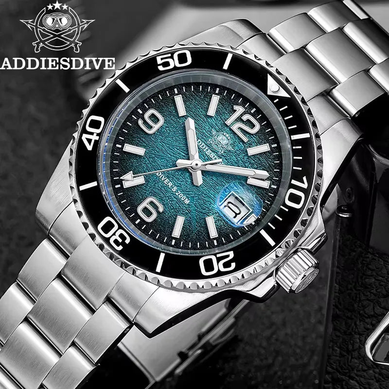 ADDIESDIVE AD2513 Diver's 200M quartz with teal dial and steel bracelet, angled lifestyle shot on tile