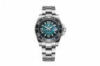 ADDIESDIVE AD2513 Diver's 200M quartz with teal dial, Arabic numerals, black bezel and steel oyster bracelet, front view