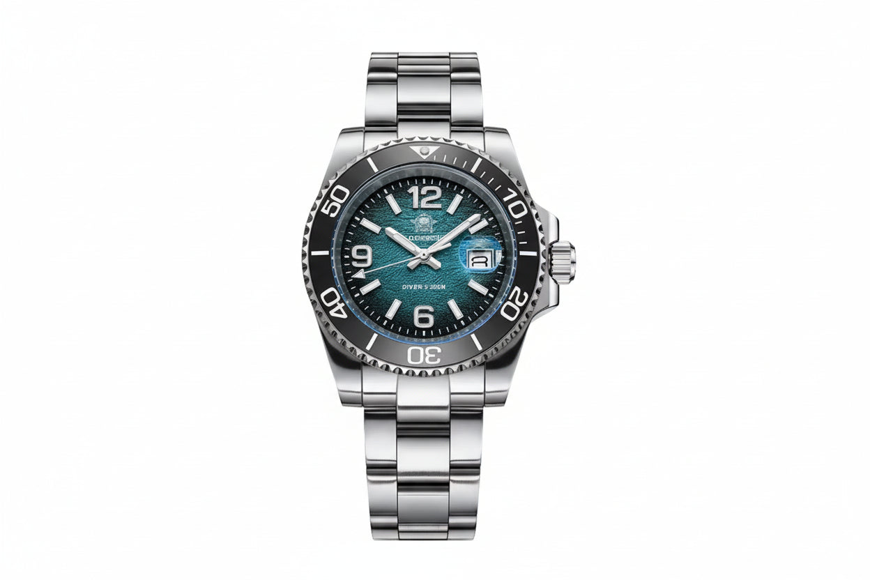 ADDIESDIVE AD2513 Diver's 200M quartz with teal dial, Arabic numerals, black bezel and steel oyster bracelet, front view