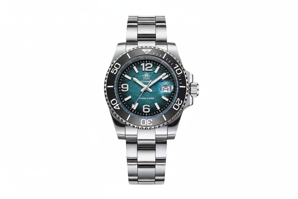 ADDIESDIVE AD2513 Diver's 200M quartz with teal hammered dial, Arabic numerals, black bezel and steel bracelet, front view