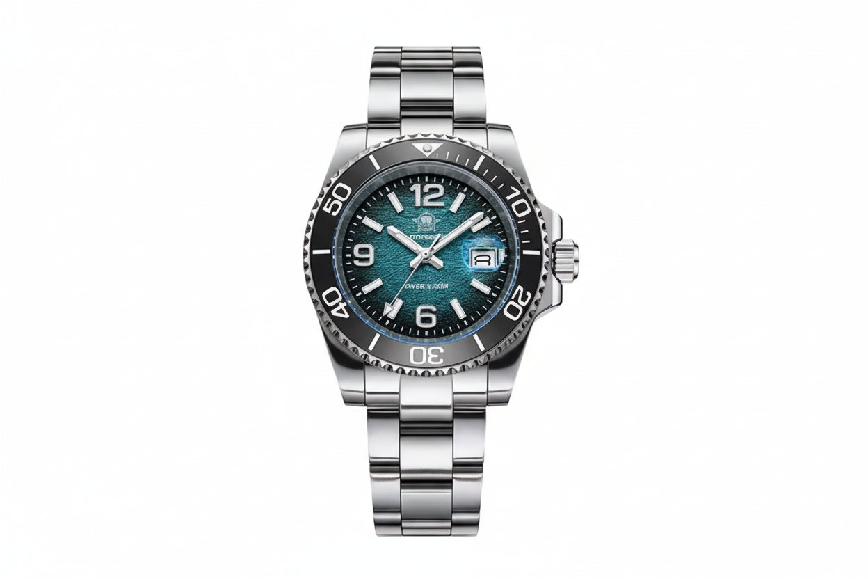 ADDIESDIVE AD2513 Diver's 200M quartz with teal hammered dial, Arabic numerals, black bezel and steel bracelet, front view