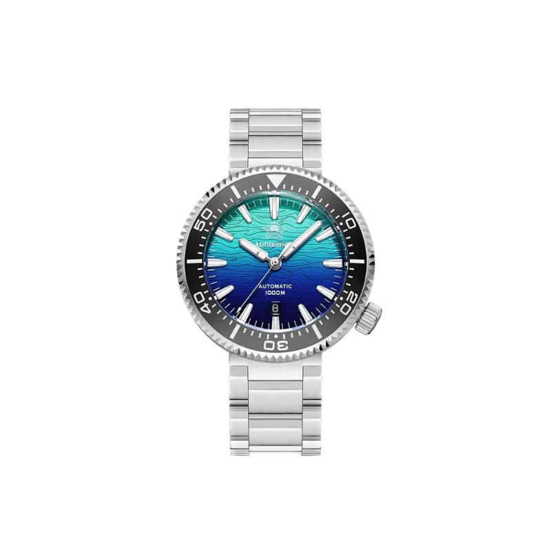 ADDIESDIVE AD2526 automatic dive watch with blue wave texture dial and steel bracelet front view