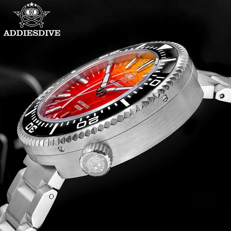 ADDIESDIVE AD2526 1000M automatic dive watch side profile showing red dial, coin-edge bezel and signed crown