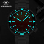 ADDIESDIVE AD2526 1000M automatic dive watch with red dial showing bright cyan luminous hands and markers in dark