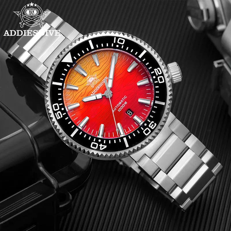 ADDIESDIVE AD2526 1000M automatic dive watch with red sunset dial and steel bracelet, angled lifestyle shot