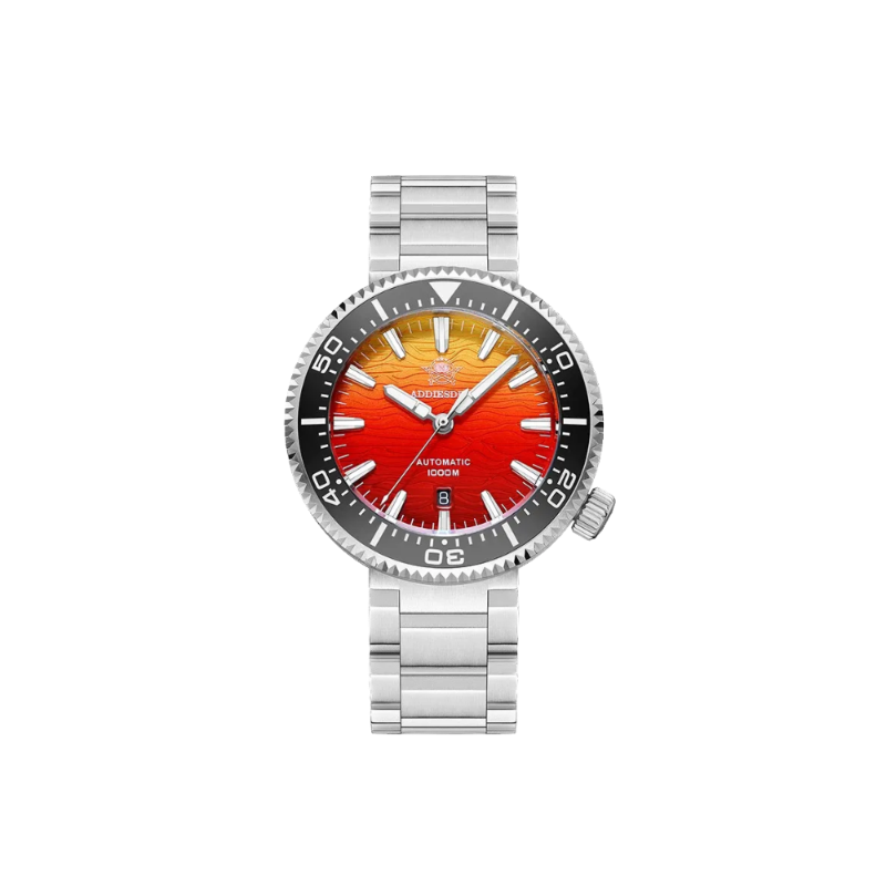 ADDIESDIVE AD2526 1000M automatic dive watch with red-yellow sunset gradient dial, black bezel and steel bracelet, front view