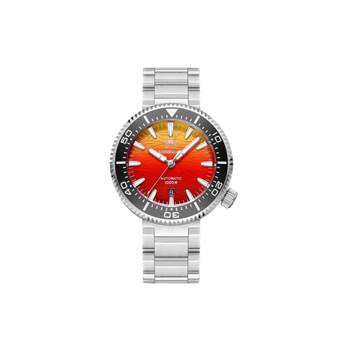 ADDIESDIVE AD2526 1000M automatic dive watch with red-yellow sunset gradient dial, black bezel and steel bracelet, front view