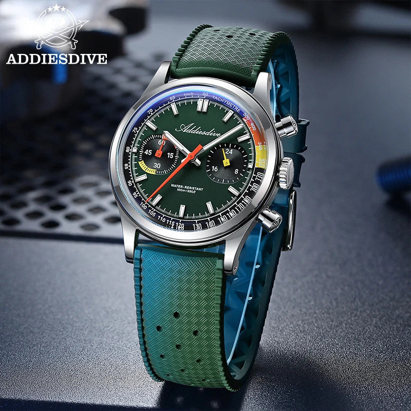 ADDIESDIVE AD2529 quartz chronograph with green dial, orange chrono hand and aqua-green rubber tropic strap, angled view