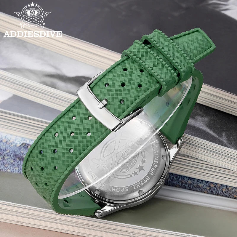 ADDIESDIVE AD2529 quartz chronograph green rubber tropic strap close-up showing engraved steel buckle