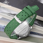 ADDIESDIVE AD2529 quartz chronograph green rubber tropic strap close-up showing engraved steel buckle