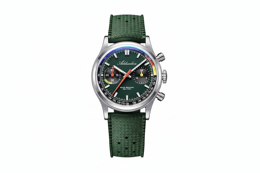 ADDIESDIVE AD2529 quartz chronograph with green dial, rainbow tachymeter and green rubber tropic strap, front view