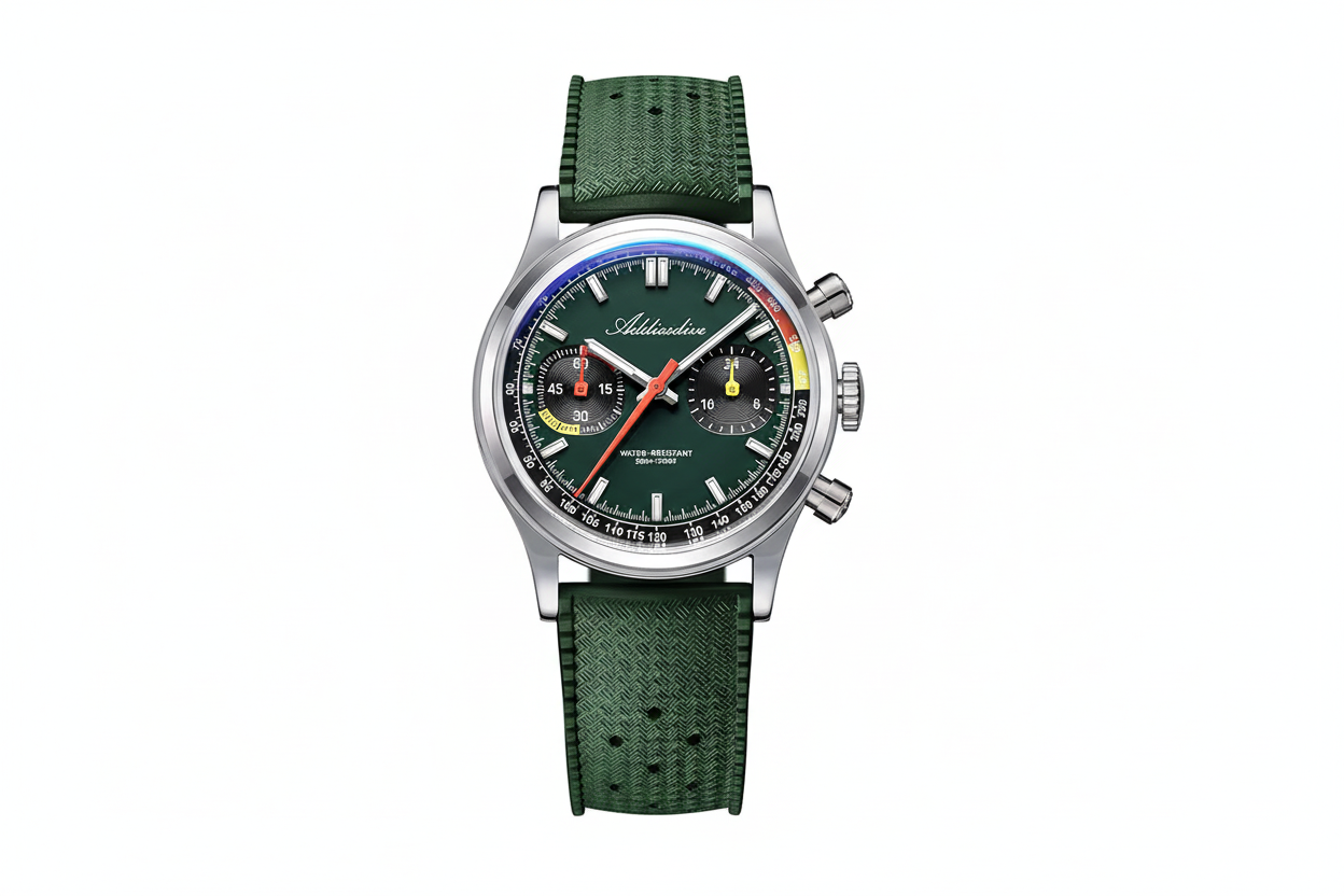 ADDIESDIVE AD2529 quartz chronograph with green dial, rainbow tachymeter and green rubber tropic strap, front view