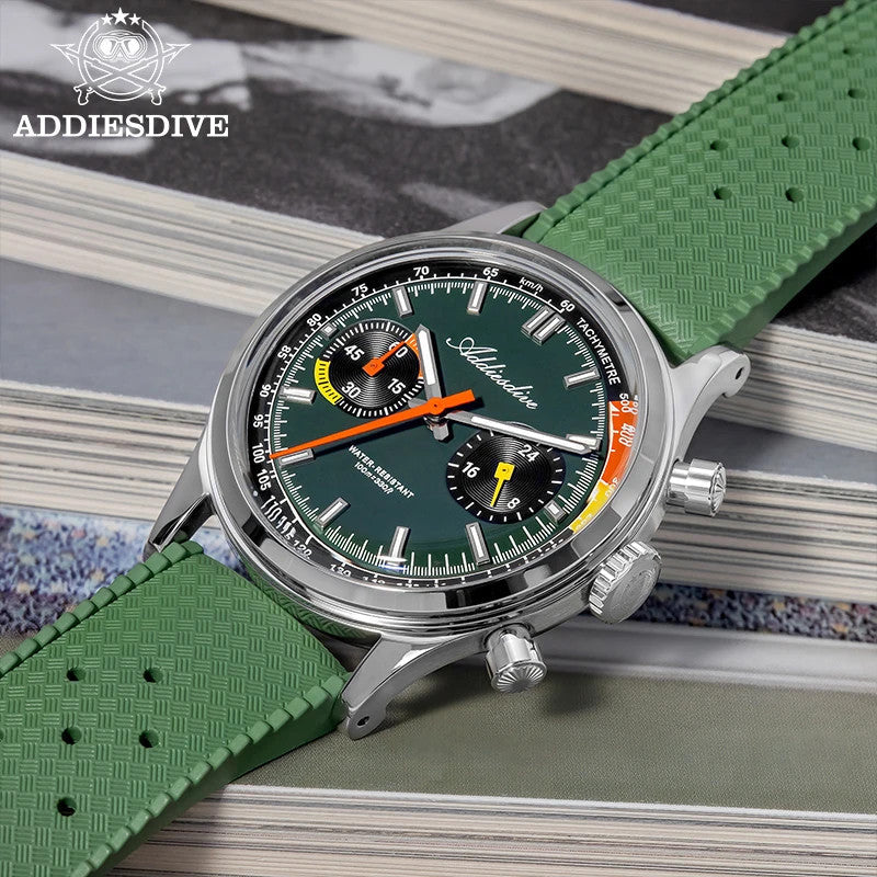 ADDIESDIVE AD2529 quartz chronograph with green dial and green rubber tropic strap, lifestyle shot on tile