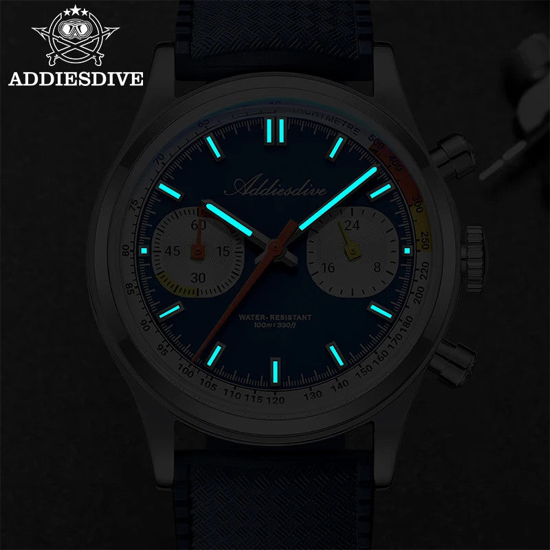 ADDIESDIVE AD2529 quartz chronograph showing bright cyan luminous hands, markers and sub-registers in dark