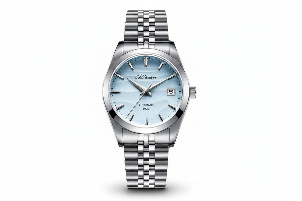 ADDIESDIVE 39MM automatic watch with ice blue wave-textured dial, silver case and jubilee steel bracelet, front view