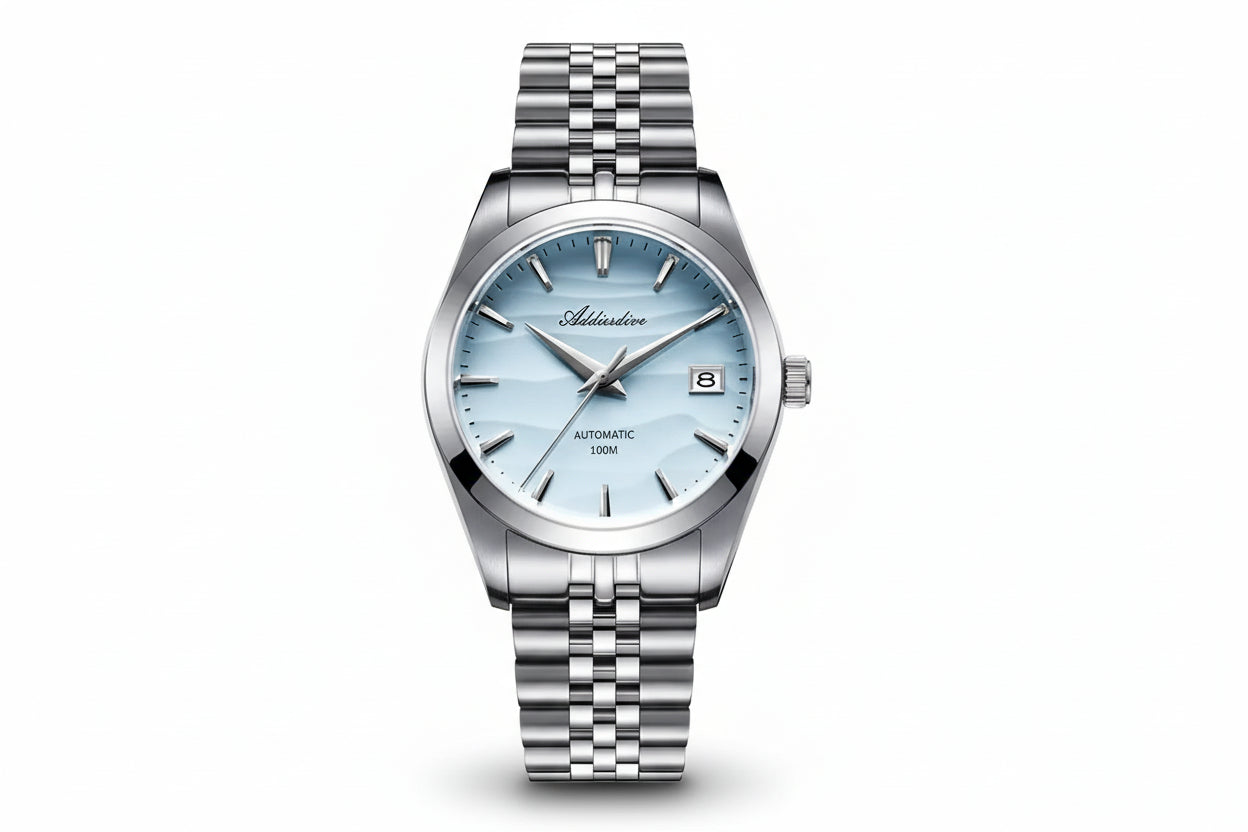 ADDIESDIVE 39MM automatic watch with ice blue wave-textured dial, silver case and jubilee steel bracelet, front view