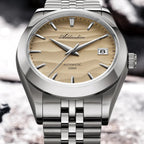 ADDIESDIVE 39MM automatic watch angled view showing sand dial, silver case, signed crown and steel bracelet on rocks