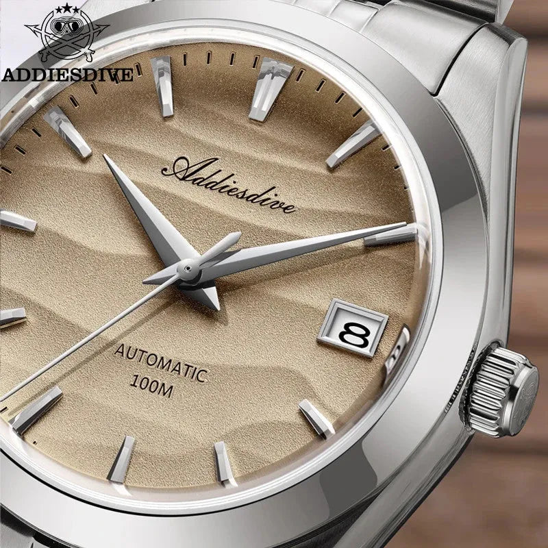 ADDIESDIVE 39MM automatic watch close-up showing sand wave-textured dial, applied indices and sword hands