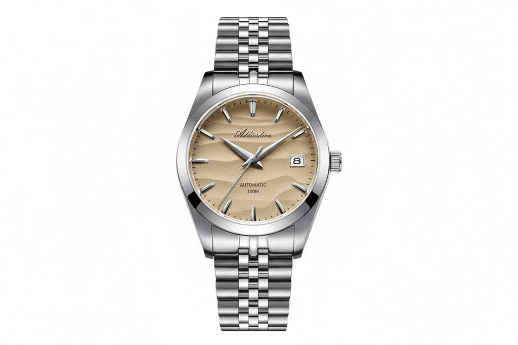 ADDIESDIVE 39MM automatic watch with sand wave-textured dial, silver case and jubilee steel bracelet, front view