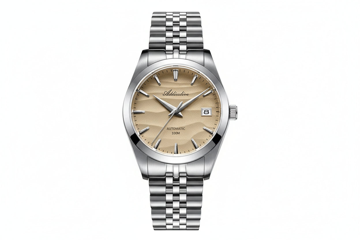 ADDIESDIVE 39MM automatic watch with sand wave-textured dial, silver case and jubilee steel bracelet, front view