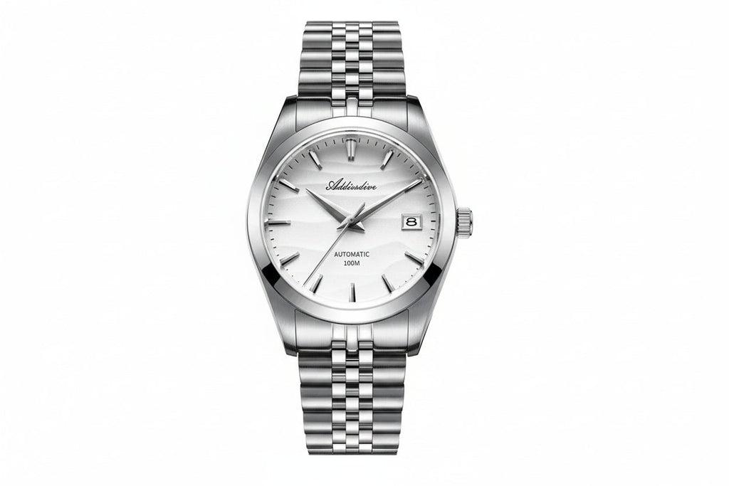 ADDIESDIVE 39MM automatic watch with white wave-textured dial, silver case and jubilee steel bracelet, front view