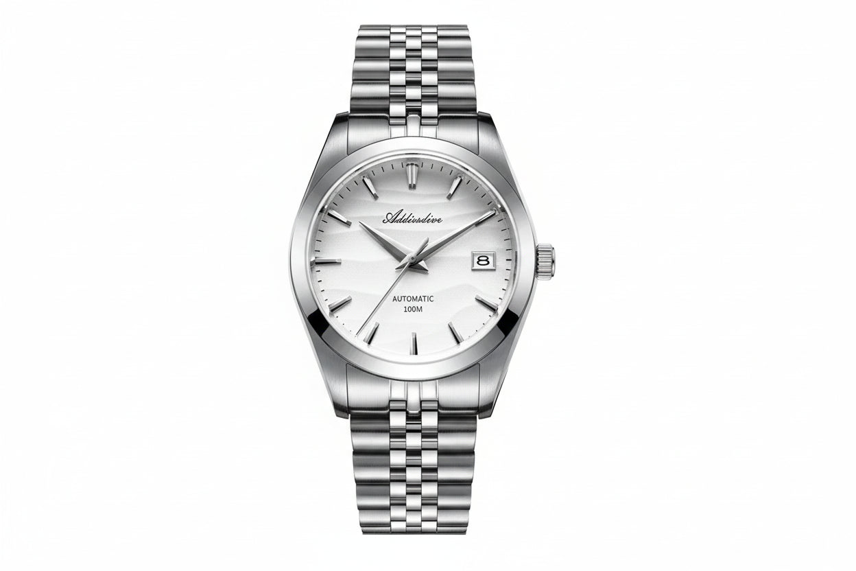 ADDIESDIVE 39MM automatic watch with white wave-textured dial, silver case and jubilee steel bracelet, front view