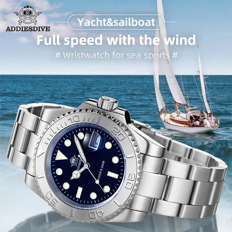 ADDIESDIVE MY-H3-C diver watch with blue dial composed over ocean and sailboat scene yacht lifestyle