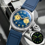 ADDIESDIVE VK64 38MM quartz chronograph with blue dial and blue rubber strap, lifestyle shot with lume inset