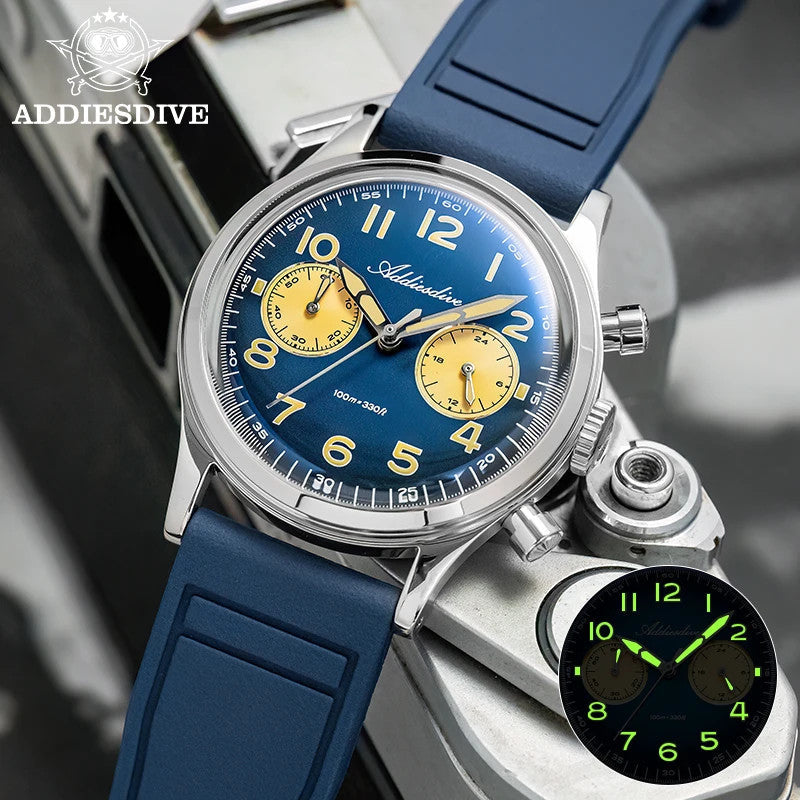 ADDIESDIVE VK64 38MM quartz chronograph with blue dial and blue rubber strap, lifestyle shot with lume inset