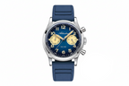 ADDIESDIVE VK64 38MM quartz chronograph with blue dial, cream sub-registers, bubble glass and blue rubber strap, front view